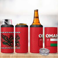 Oman 4 in 1 Can Cooler Tumbler with National Flag Colors and Falcon Soaring Graphic Design