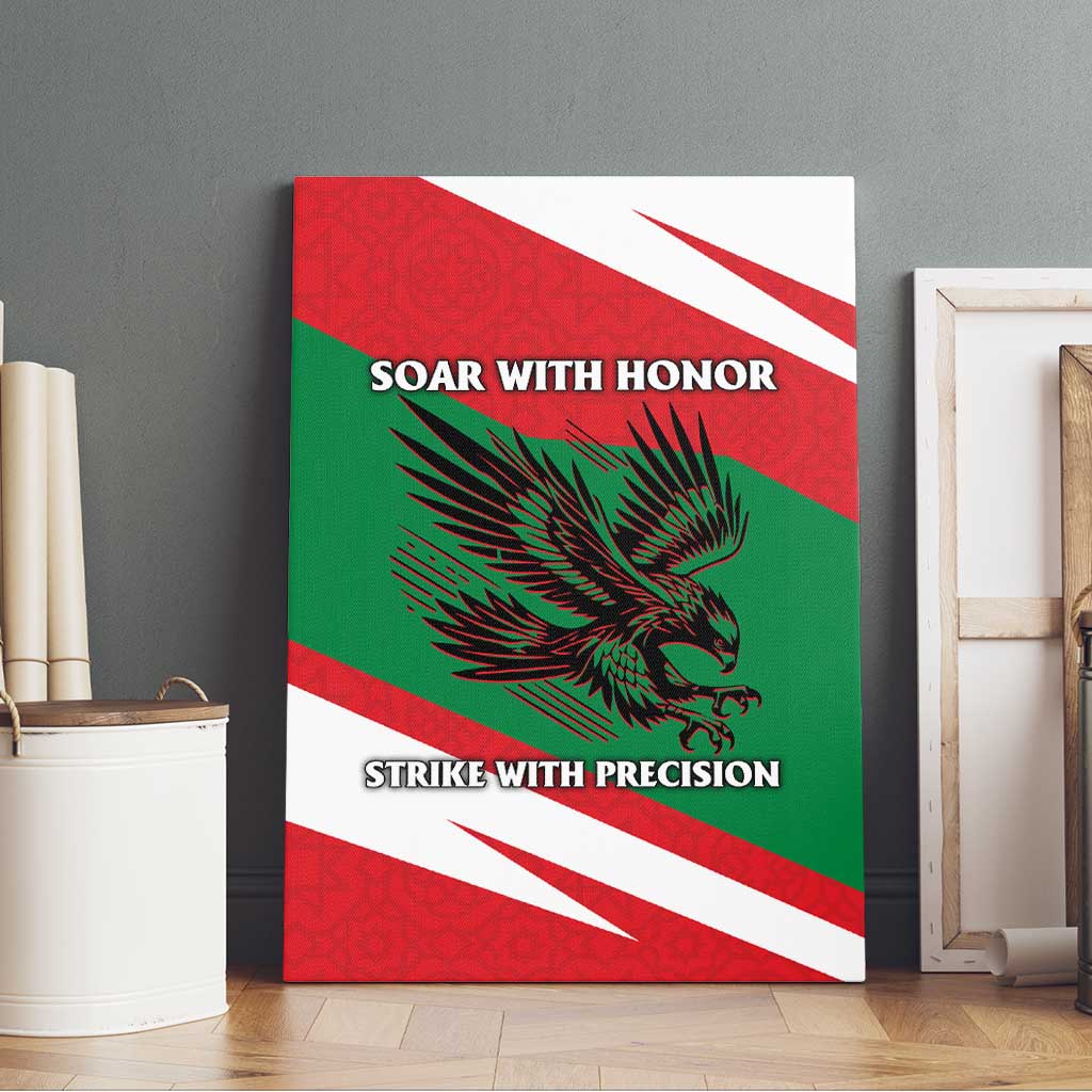 Oman Canvas Wall Art with National Flag Colors and Falcon Soaring Graphic Design