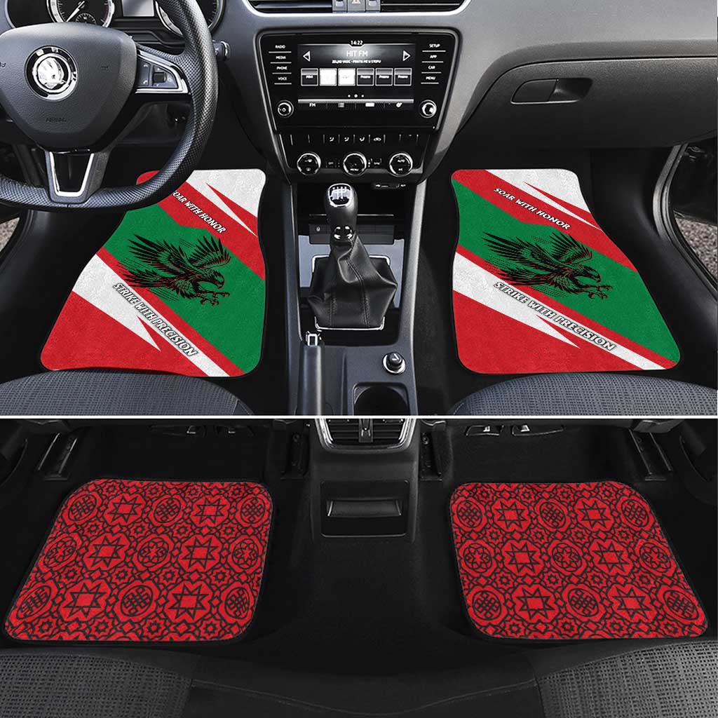 Oman Car Mats with National Flag Colors and Falcon Soaring Graphic Design