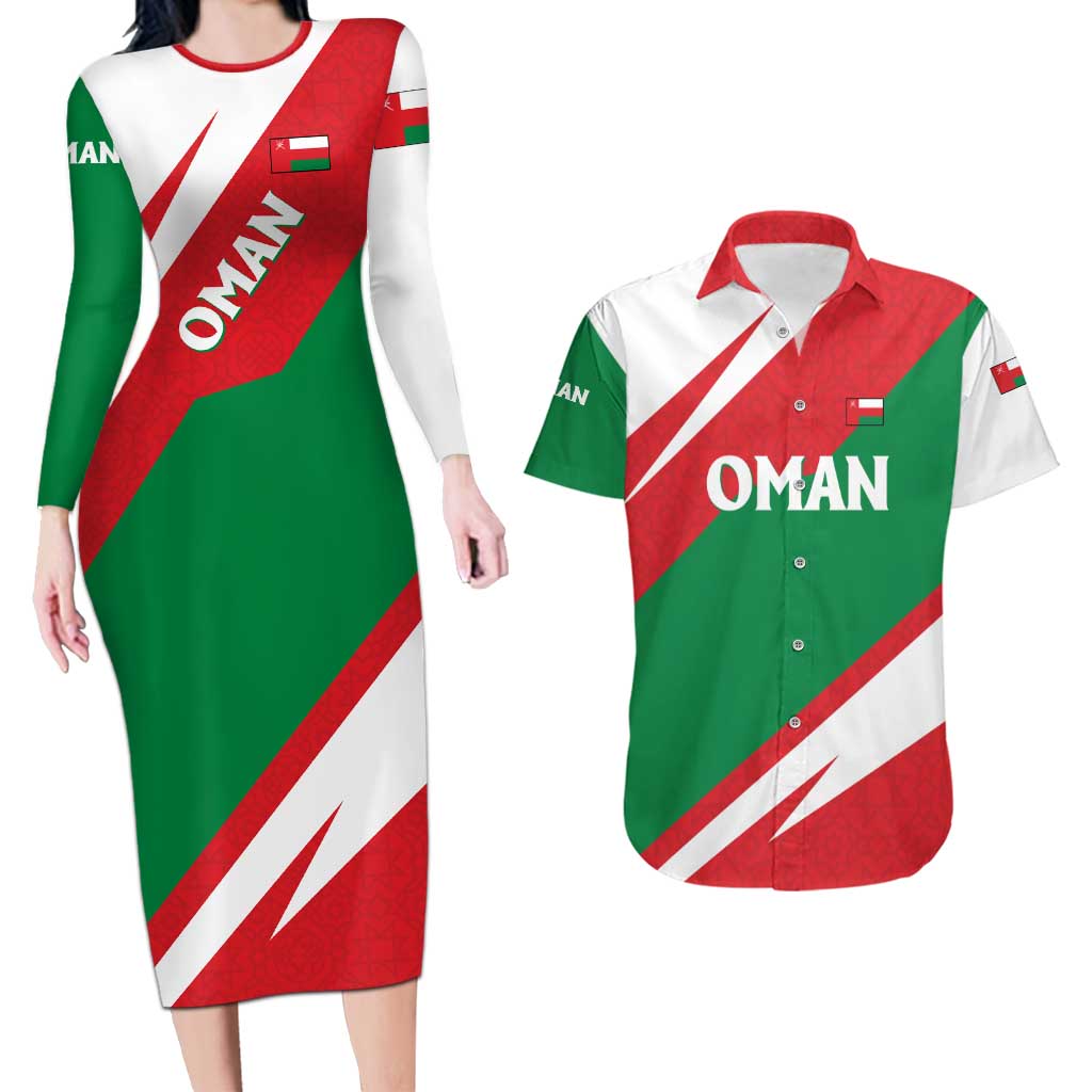 Oman Couples Matching Long Sleeve Bodycon Dress and Hawaiian Shirt with National Flag Colors and Falcon Soaring Graphic Design