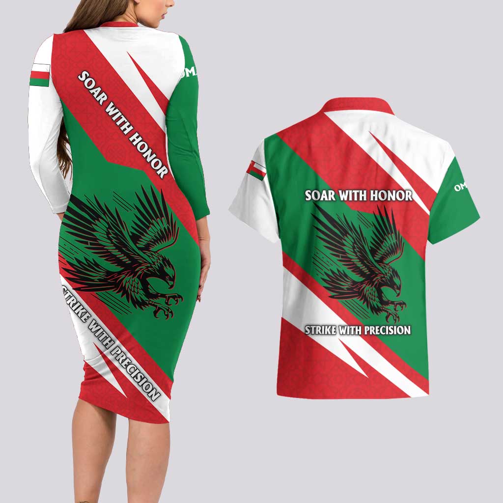 Oman Couples Matching Long Sleeve Bodycon Dress and Hawaiian Shirt with National Flag Colors and Falcon Soaring Graphic Design
