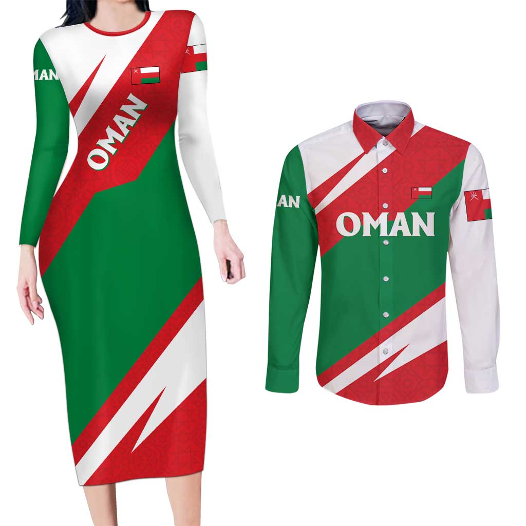 Oman Couples Matching Long Sleeve Bodycon Dress and Long Sleeve Button Shirt with National Flag Colors and Falcon Soaring Graphic Design