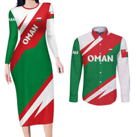 Oman Couples Matching Long Sleeve Bodycon Dress and Long Sleeve Button Shirt with National Flag Colors and Falcon Soaring Graphic Design
