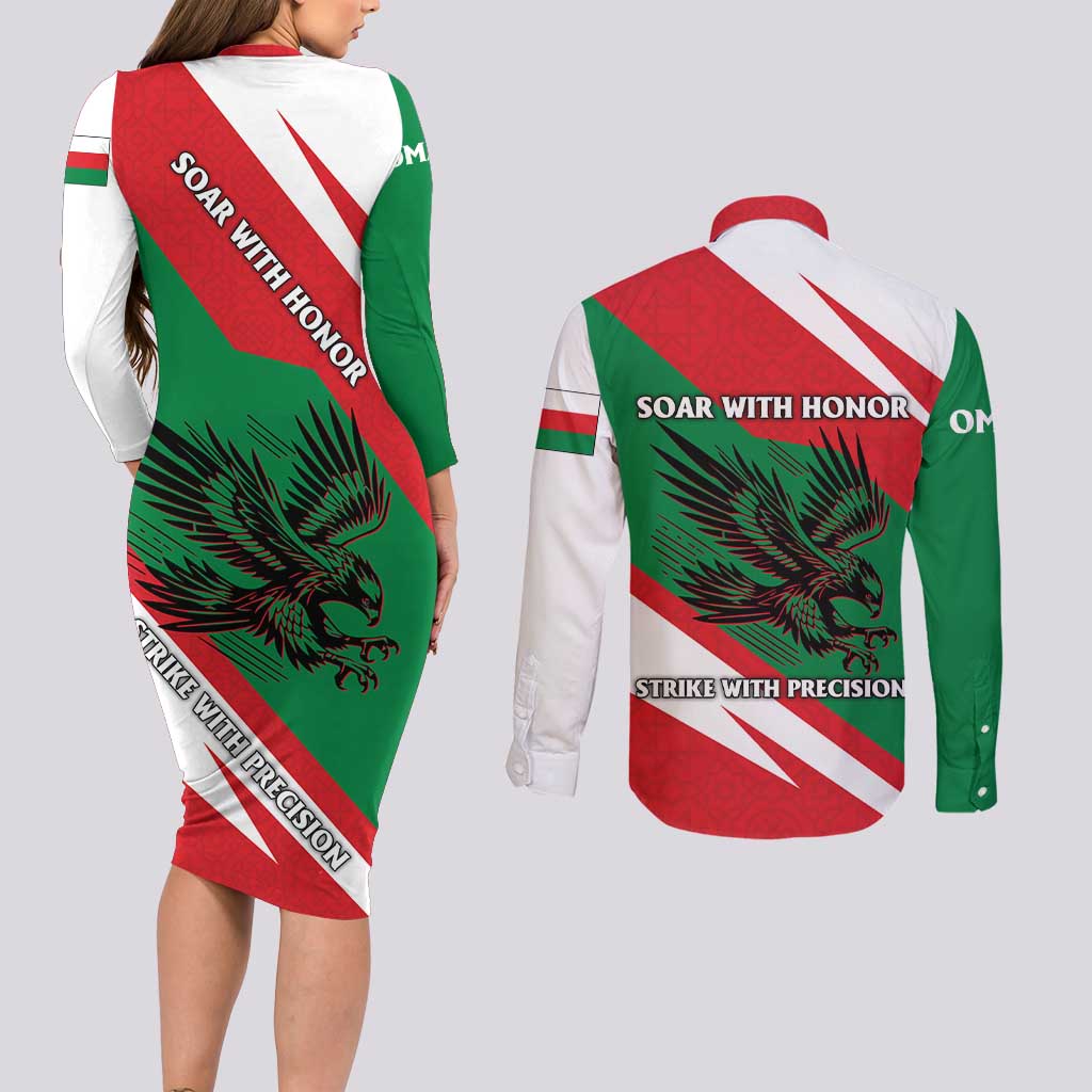 Oman Couples Matching Long Sleeve Bodycon Dress and Long Sleeve Button Shirt with National Flag Colors and Falcon Soaring Graphic Design