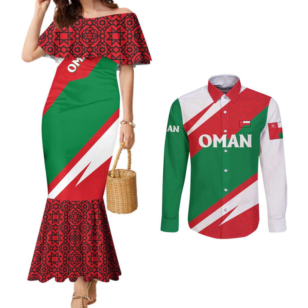 Oman Couples Matching Mermaid Dress and Long Sleeve Button Shirt with National Flag Colors and Falcon Soaring Graphic Design