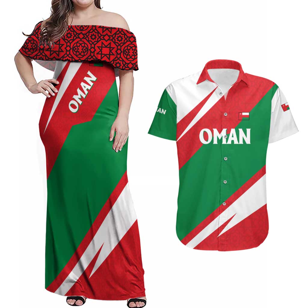 Oman Couples Matching Off Shoulder Maxi Dress and Hawaiian Shirt with National Flag Colors and Falcon Soaring Graphic Design