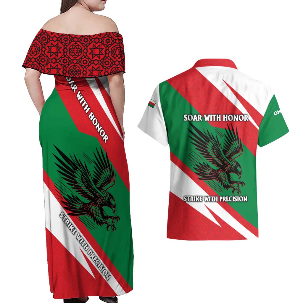 Oman Couples Matching Off Shoulder Maxi Dress and Hawaiian Shirt with National Flag Colors and Falcon Soaring Graphic Design