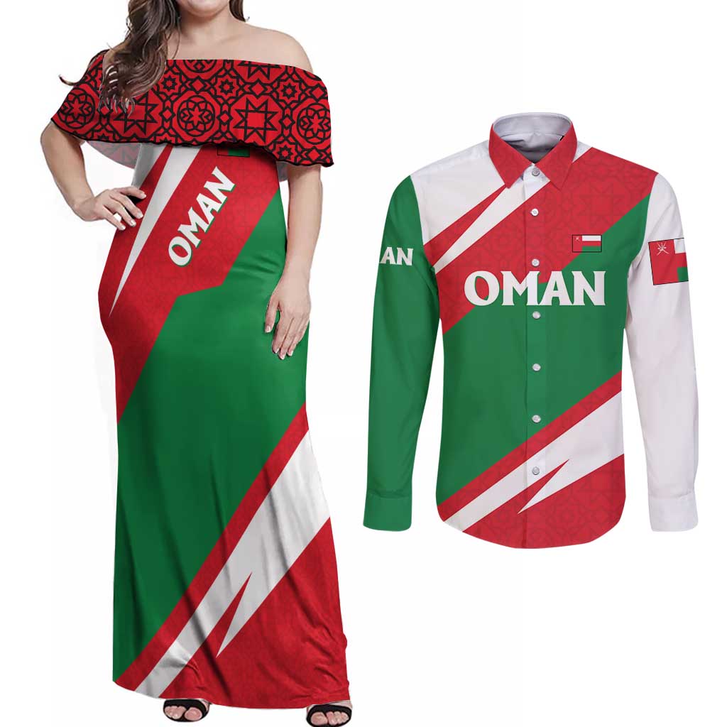Oman Couples Matching Off Shoulder Maxi Dress and Long Sleeve Button Shirt with National Flag Colors and Falcon Soaring Graphic Design