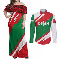 Oman Couples Matching Off Shoulder Maxi Dress and Long Sleeve Button Shirt with National Flag Colors and Falcon Soaring Graphic Design