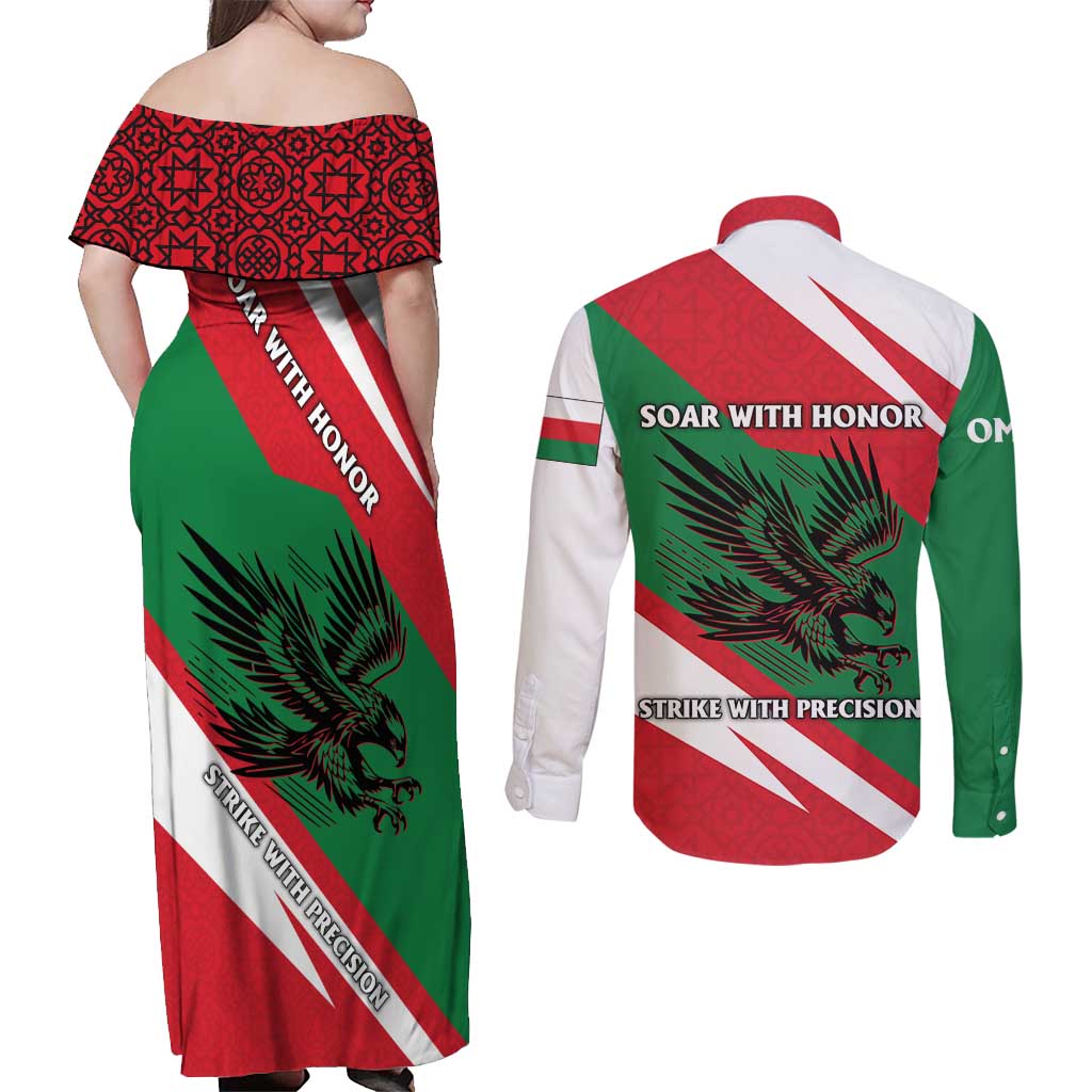 Oman Couples Matching Off Shoulder Maxi Dress and Long Sleeve Button Shirt with National Flag Colors and Falcon Soaring Graphic Design