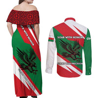Oman Couples Matching Off Shoulder Maxi Dress and Long Sleeve Button Shirt with National Flag Colors and Falcon Soaring Graphic Design