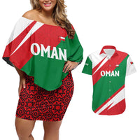 Oman Couples Matching Off Shoulder Short Dress and Hawaiian Shirt with National Flag Colors and Falcon Soaring Graphic Design