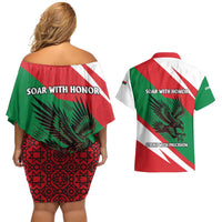 Oman Couples Matching Off Shoulder Short Dress and Hawaiian Shirt with National Flag Colors and Falcon Soaring Graphic Design