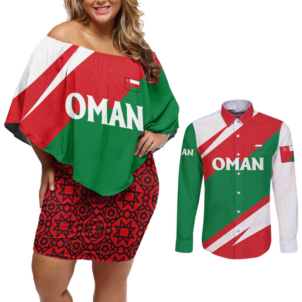 Oman Couples Matching Off Shoulder Short Dress and Long Sleeve Button Shirt with National Flag Colors and Falcon Soaring Graphic Design