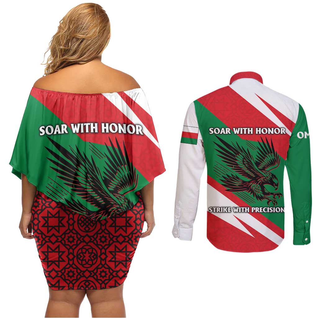 Oman Couples Matching Off Shoulder Short Dress and Long Sleeve Button Shirt with National Flag Colors and Falcon Soaring Graphic Design