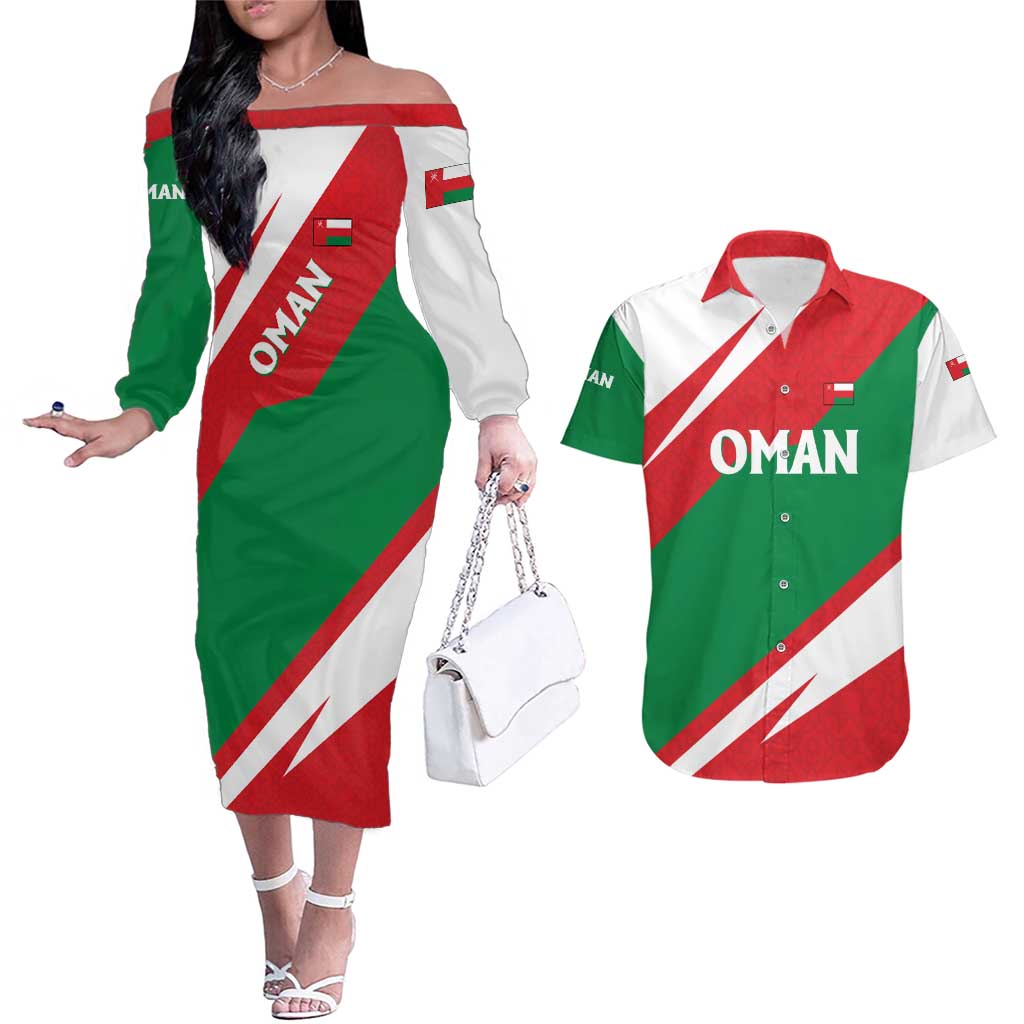 Oman Couples Matching Off The Shoulder Long Sleeve Dress and Hawaiian Shirt with National Flag Colors and Falcon Soaring Graphic Design
