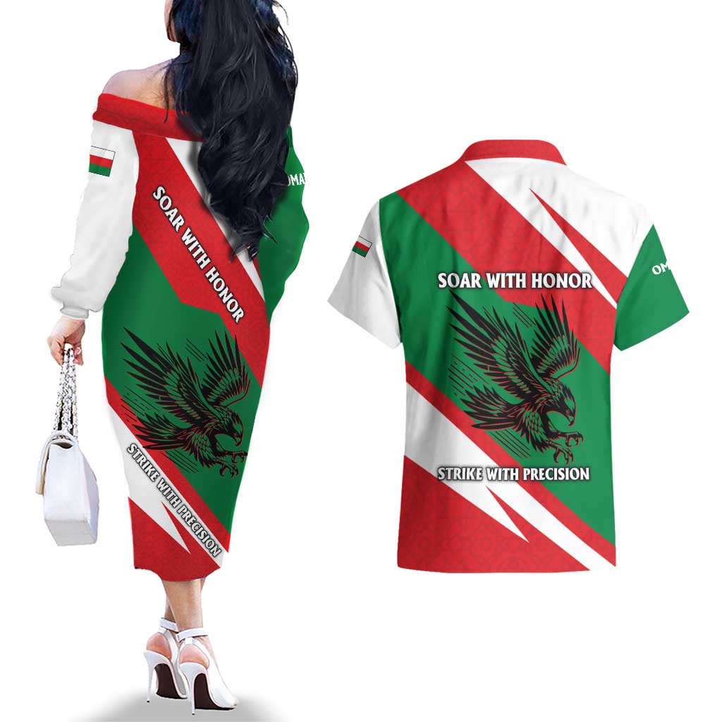 Oman Couples Matching Off The Shoulder Long Sleeve Dress and Hawaiian Shirt with National Flag Colors and Falcon Soaring Graphic Design
