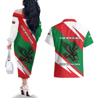 Oman Couples Matching Off The Shoulder Long Sleeve Dress and Hawaiian Shirt with National Flag Colors and Falcon Soaring Graphic Design