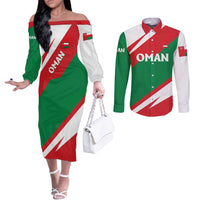Oman Couples Matching Off The Shoulder Long Sleeve Dress and Long Sleeve Button Shirt with National Flag Colors and Falcon Soaring Graphic Design