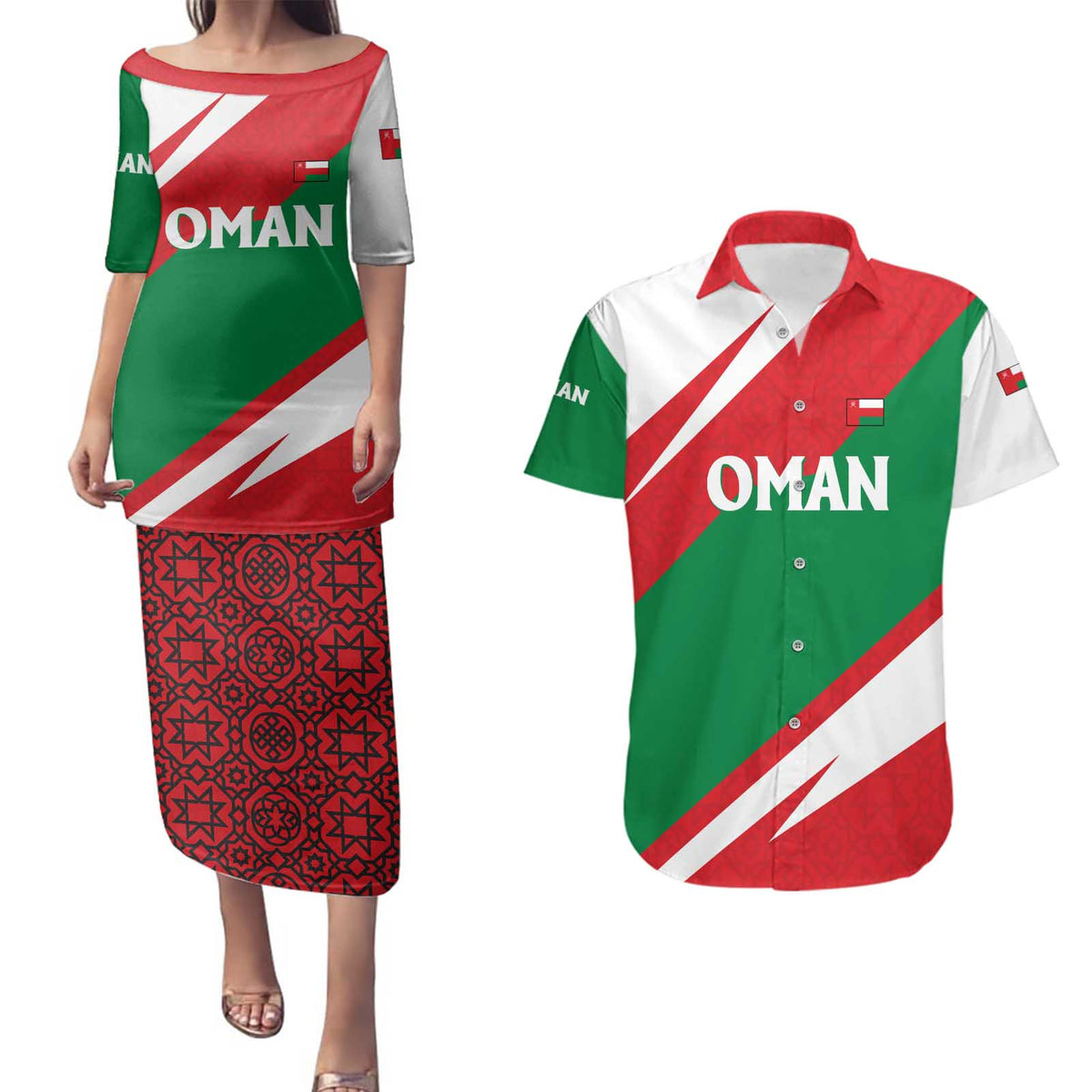 Oman Couples Matching Puletasi and Hawaiian Shirt with National Flag Colors and Falcon Soaring Graphic Design