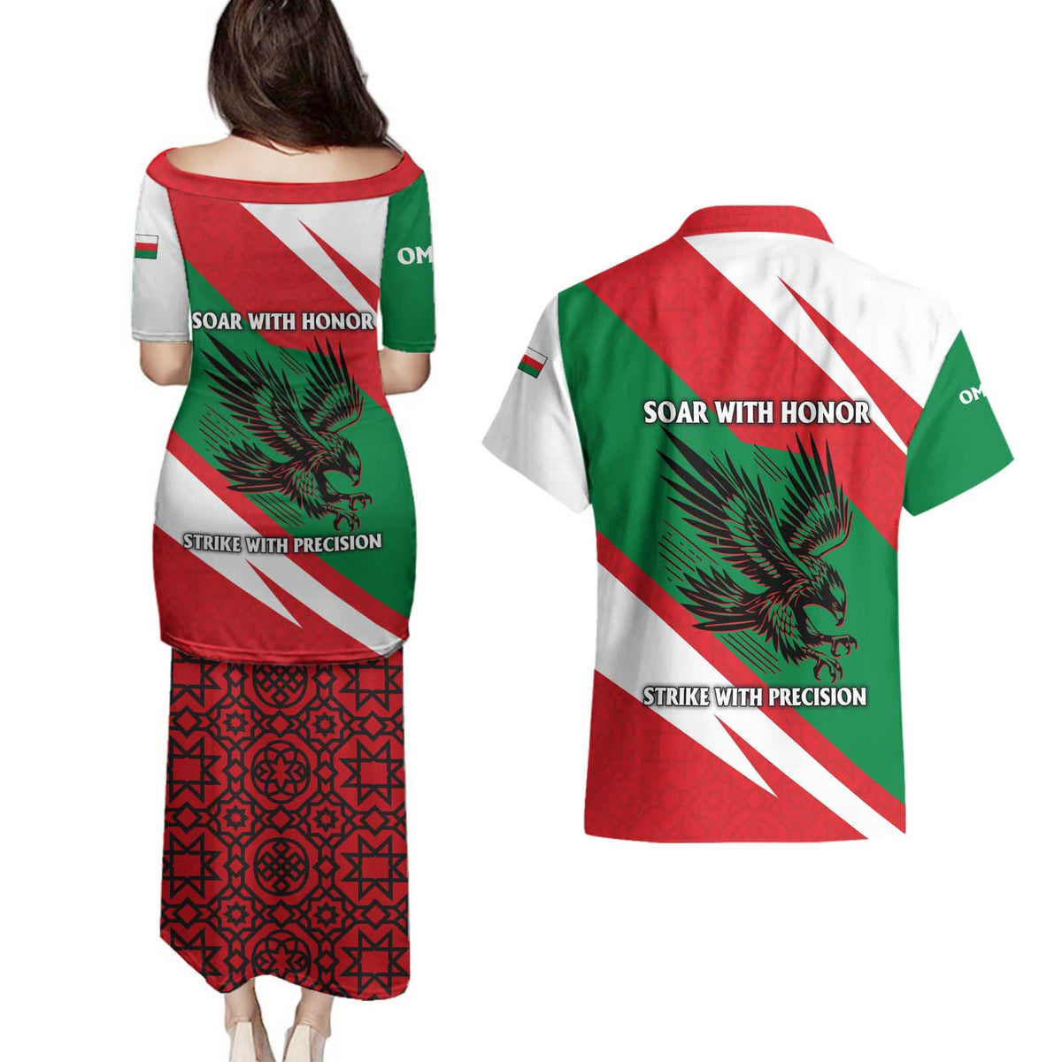 Oman Couples Matching Puletasi and Hawaiian Shirt with National Flag Colors and Falcon Soaring Graphic Design