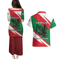 Oman Couples Matching Puletasi and Hawaiian Shirt with National Flag Colors and Falcon Soaring Graphic Design