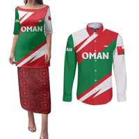 Oman Couples Matching Puletasi and Long Sleeve Button Shirt with National Flag Colors and Falcon Soaring Graphic Design
