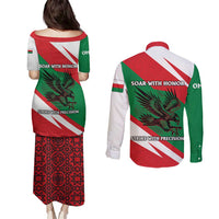 Oman Couples Matching Puletasi and Long Sleeve Button Shirt with National Flag Colors and Falcon Soaring Graphic Design