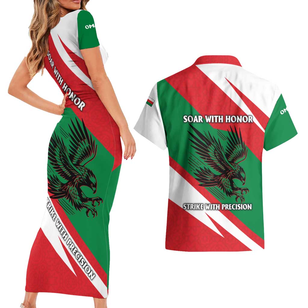 Oman Couples Matching Short Sleeve Bodycon Dress and Hawaiian Shirt with National Flag Colors and Falcon Soaring Graphic Design