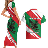 Oman Couples Matching Short Sleeve Bodycon Dress and Hawaiian Shirt with National Flag Colors and Falcon Soaring Graphic Design