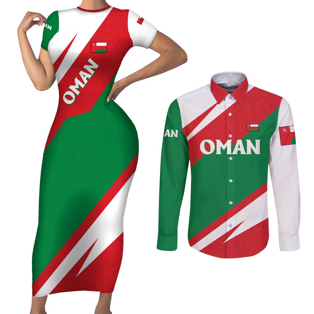 Oman Couples Matching Short Sleeve Bodycon Dress and Long Sleeve Button Shirt with National Flag Colors and Falcon Soaring Graphic Design