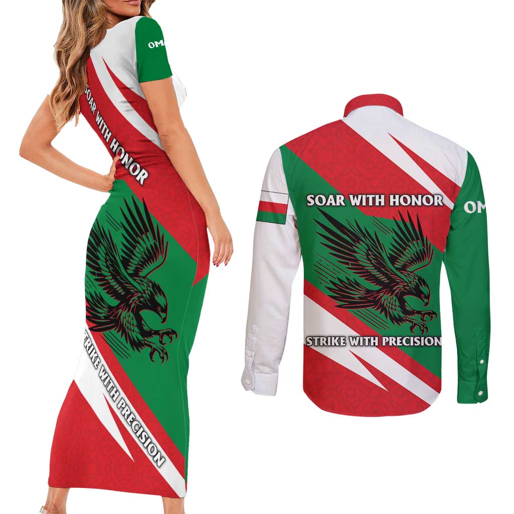 Oman Couples Matching Short Sleeve Bodycon Dress and Long Sleeve Button Shirt with National Flag Colors and Falcon Soaring Graphic Design