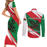 Oman Couples Matching Short Sleeve Bodycon Dress and Long Sleeve Button Shirt with National Flag Colors and Falcon Soaring Graphic Design