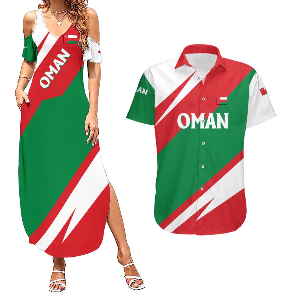 Oman Couples Matching Summer Maxi Dress and Hawaiian Shirt with National Flag Colors and Falcon Soaring Graphic Design