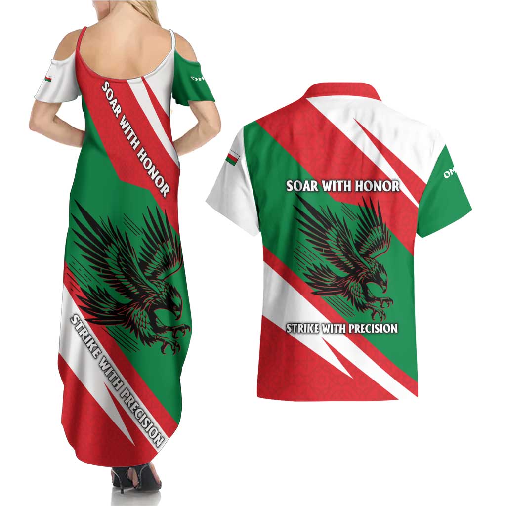 Oman Couples Matching Summer Maxi Dress and Hawaiian Shirt with National Flag Colors and Falcon Soaring Graphic Design
