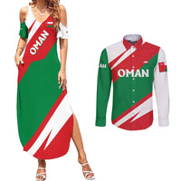 Oman Couples Matching Summer Maxi Dress and Long Sleeve Button Shirt with National Flag Colors and Falcon Soaring Graphic Design
