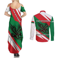 Oman Couples Matching Summer Maxi Dress and Long Sleeve Button Shirt with National Flag Colors and Falcon Soaring Graphic Design