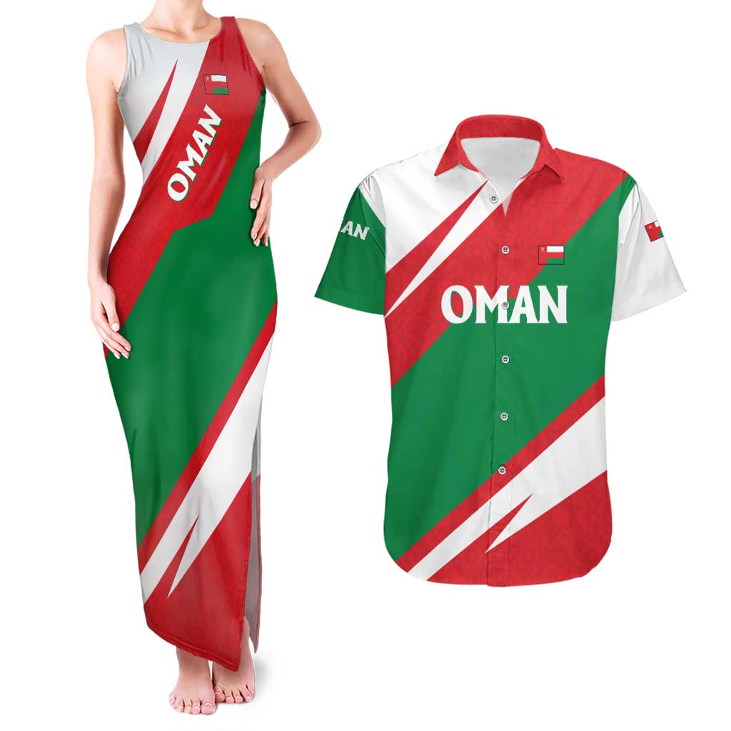 Oman Couples Matching Tank Maxi Dress and Hawaiian Shirt with National Flag Colors and Falcon Soaring Graphic Design