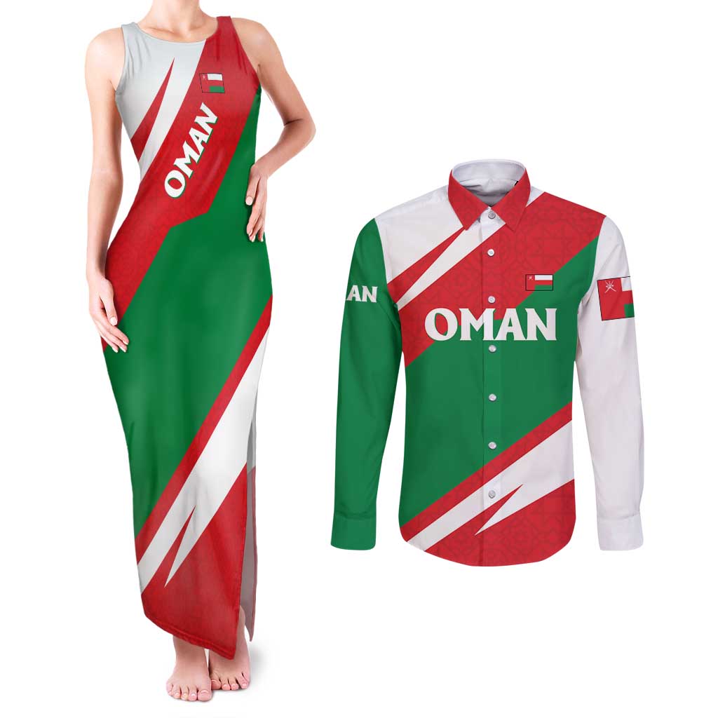 Oman Couples Matching Tank Maxi Dress and Long Sleeve Button Shirt with National Flag Colors and Falcon Soaring Graphic Design