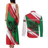 Oman Couples Matching Tank Maxi Dress and Long Sleeve Button Shirt with National Flag Colors and Falcon Soaring Graphic Design