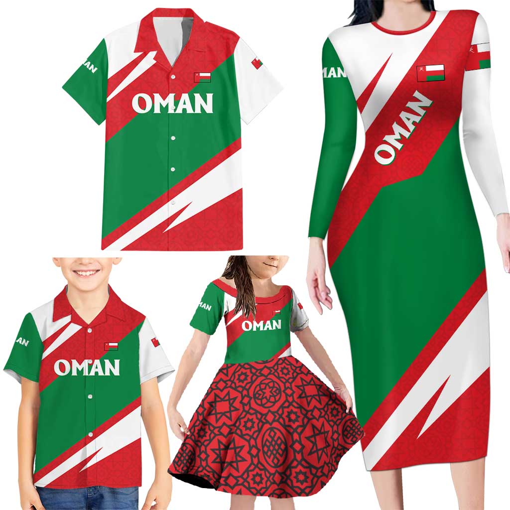 Oman Family Matching Long Sleeve Bodycon Dress and Hawaiian Shirt with National Flag Colors and Falcon Soaring Graphic Design