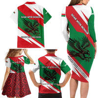 Oman Family Matching Long Sleeve Bodycon Dress and Hawaiian Shirt with National Flag Colors and Falcon Soaring Graphic Design