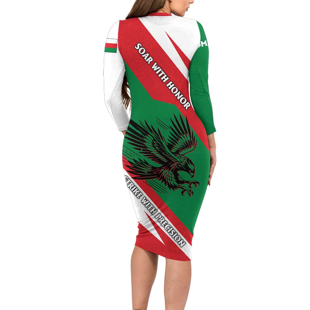 Oman Family Matching Long Sleeve Bodycon Dress and Hawaiian Shirt with National Flag Colors and Falcon Soaring Graphic Design