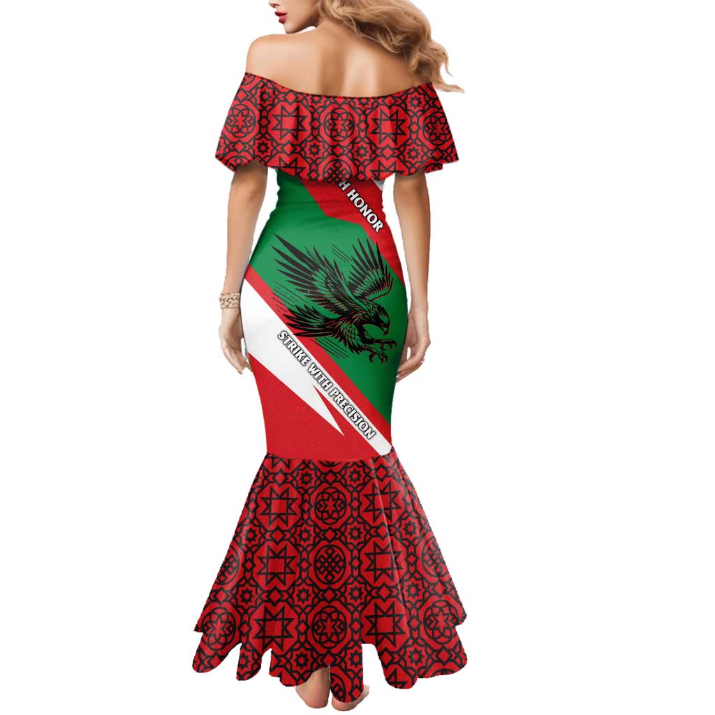 Oman Family Matching Mermaid Dress and Hawaiian Shirt with National Flag Colors and Falcon Soaring Graphic Design