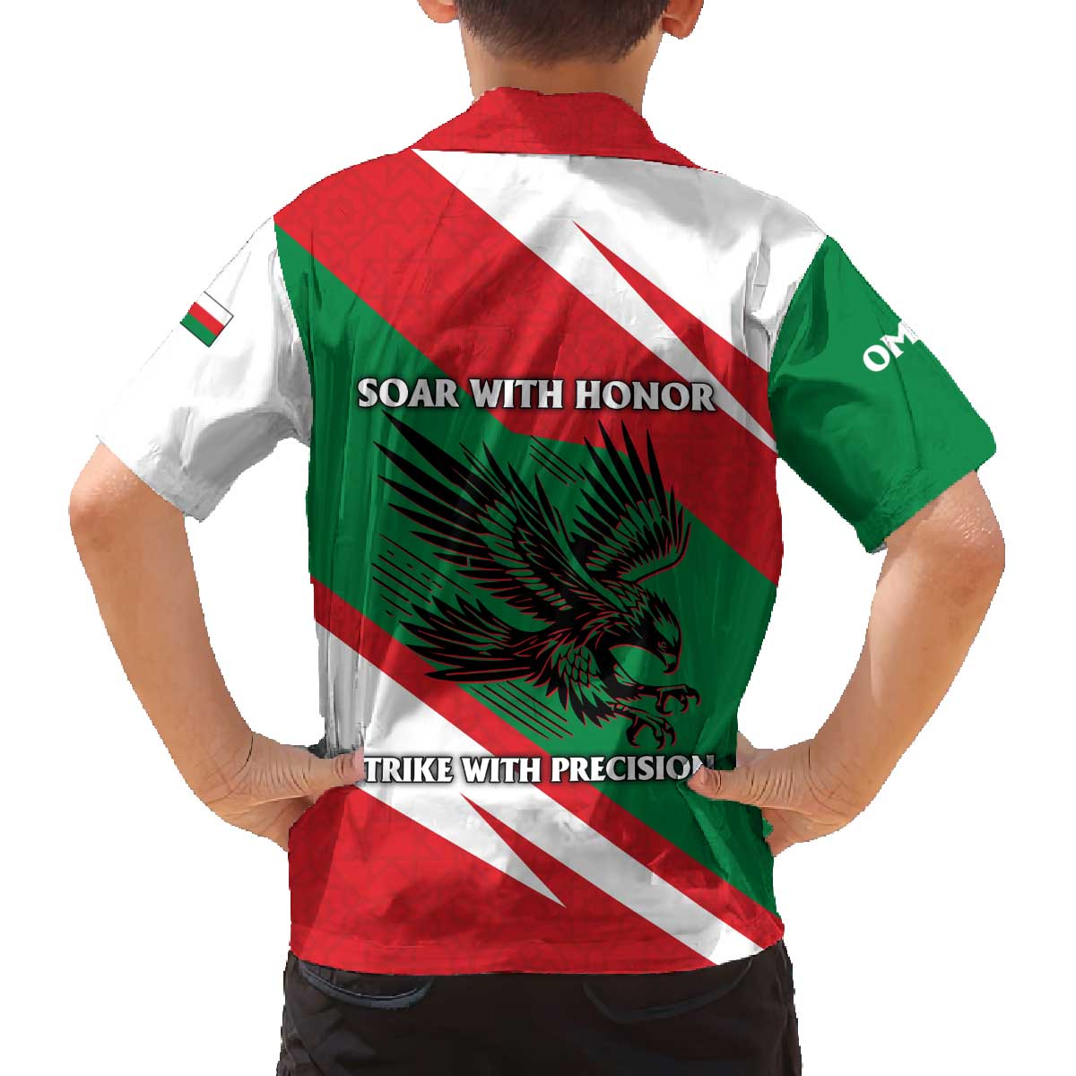 Oman Family Matching Off The Shoulder Long Sleeve Dress and Hawaiian Shirt with National Flag Colors and Falcon Soaring Graphic Design
