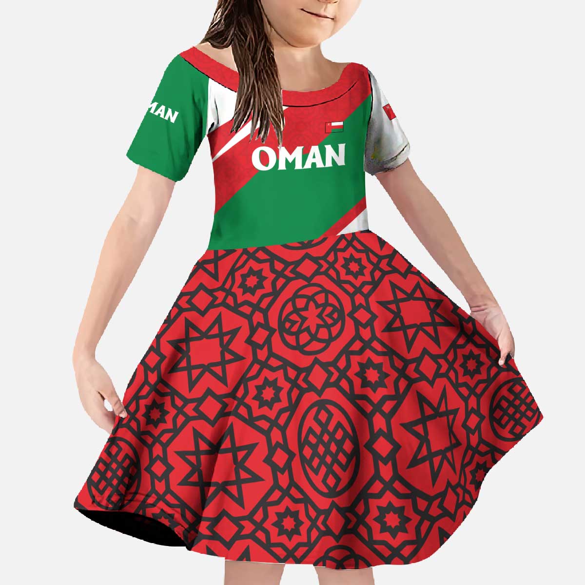 Oman Family Matching Off The Shoulder Long Sleeve Dress and Hawaiian Shirt with National Flag Colors and Falcon Soaring Graphic Design