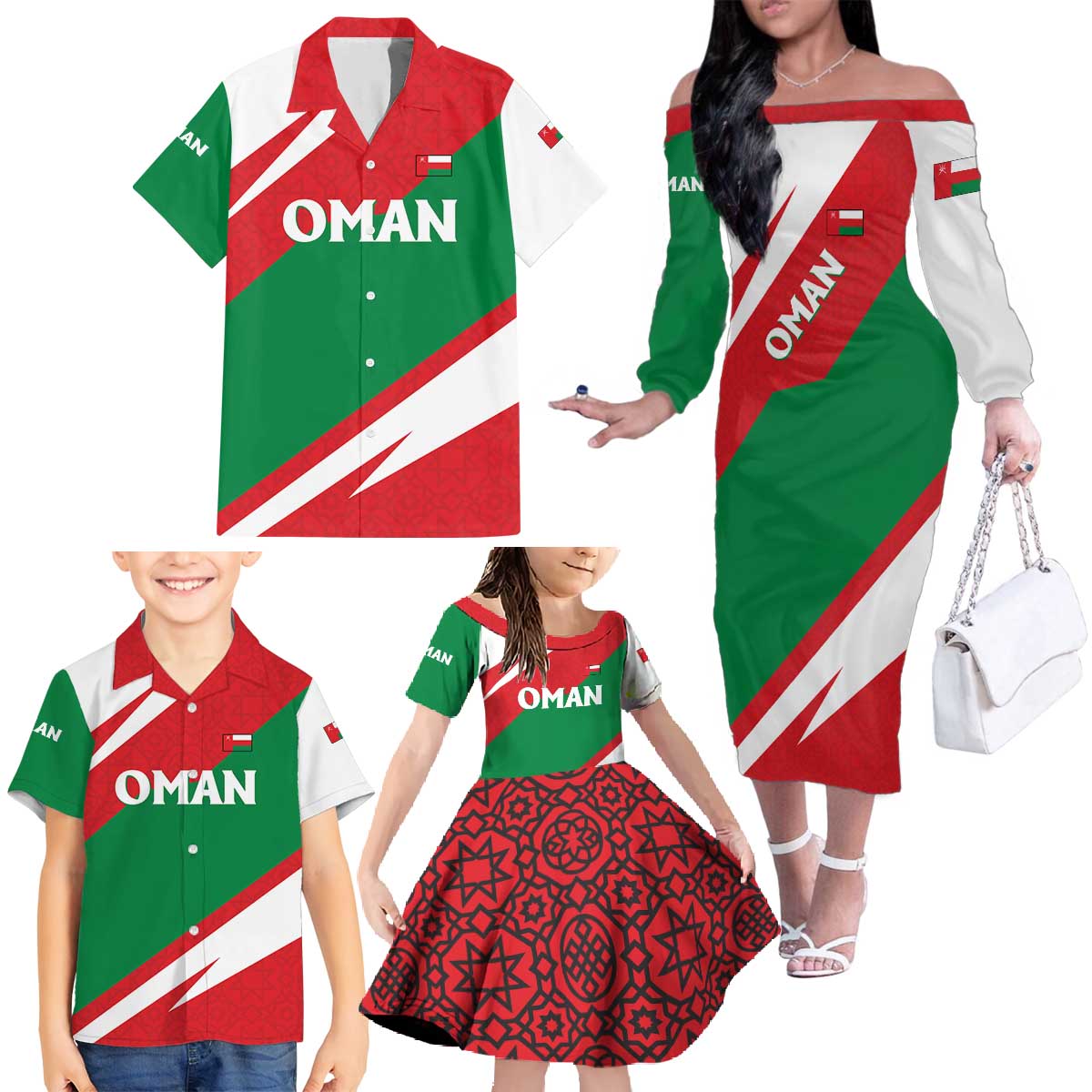 Oman Family Matching Off The Shoulder Long Sleeve Dress and Hawaiian Shirt with National Flag Colors and Falcon Soaring Graphic Design