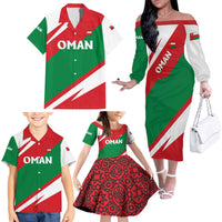 Oman Family Matching Off The Shoulder Long Sleeve Dress and Hawaiian Shirt with National Flag Colors and Falcon Soaring Graphic Design