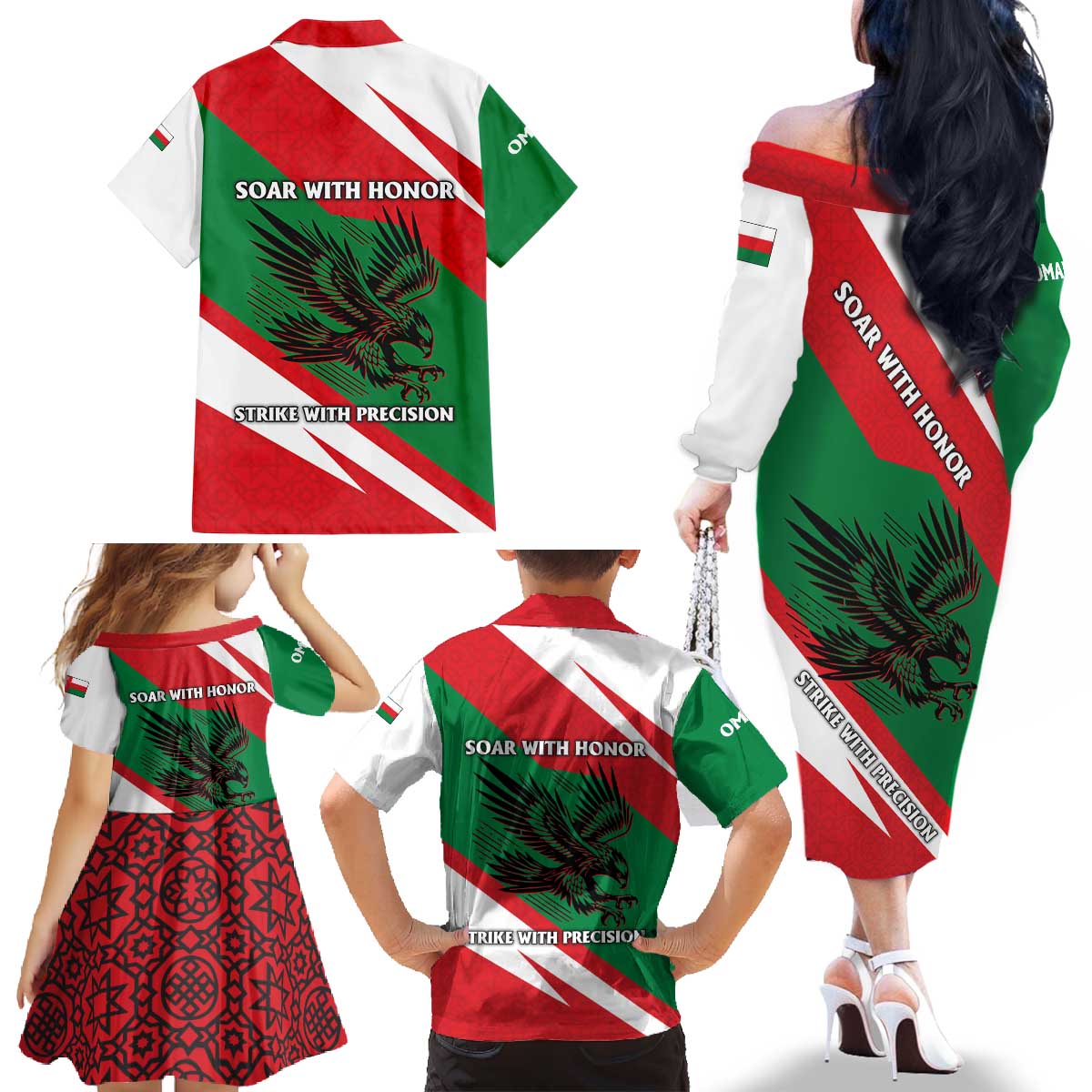 Oman Family Matching Off The Shoulder Long Sleeve Dress and Hawaiian Shirt with National Flag Colors and Falcon Soaring Graphic Design