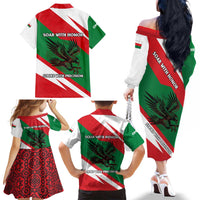 Oman Family Matching Off The Shoulder Long Sleeve Dress and Hawaiian Shirt with National Flag Colors and Falcon Soaring Graphic Design